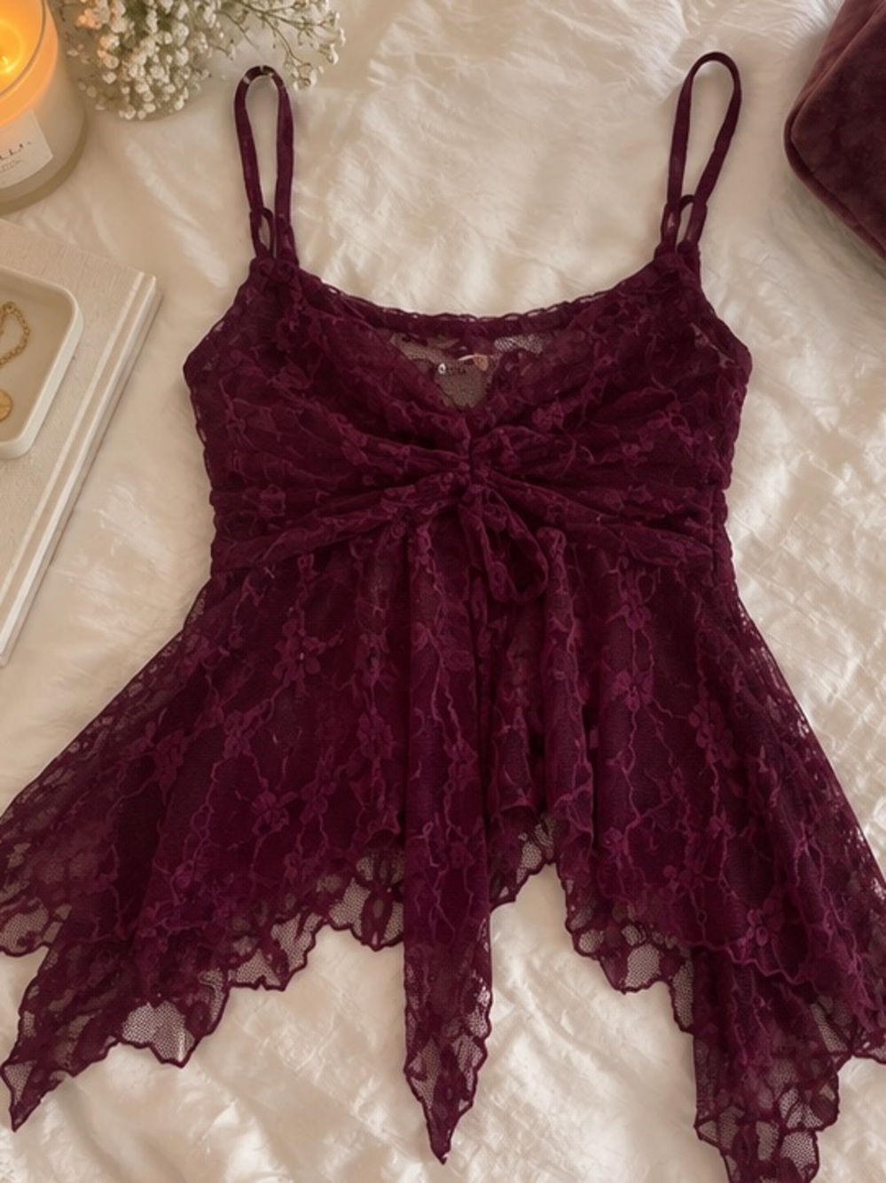 Y2K Kimchi Blue Wine Lace Handkerchief Hem Camisole